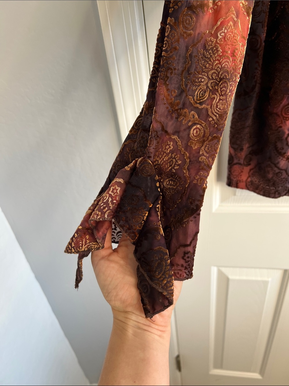 Vintage velvet burnout ruffle long sleeve blouse tie dye autumn damask 2X - Picture 5 of 8